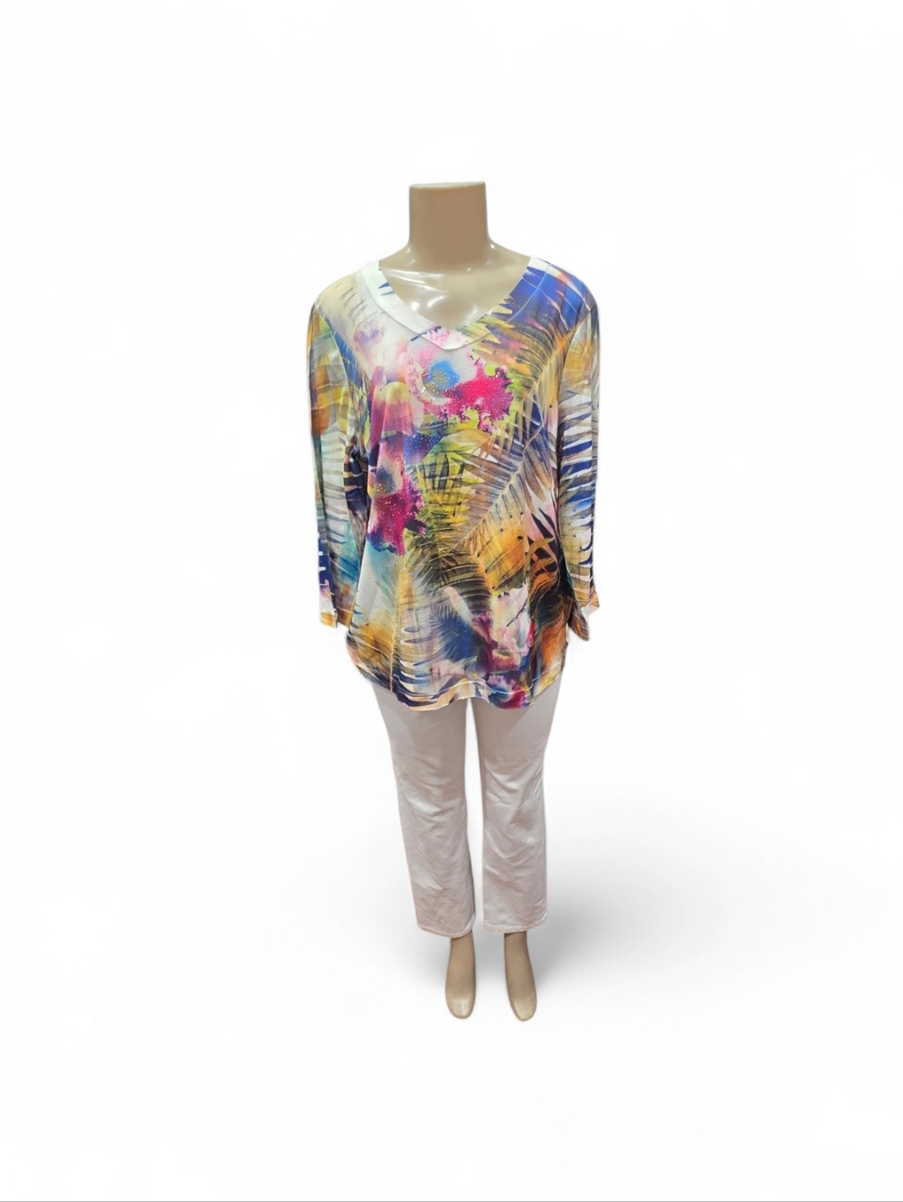 Chicos Top Womens Size 2 Multicolor V Neck Floral Print 3/4 Sleeve Tee 2003 VTG
